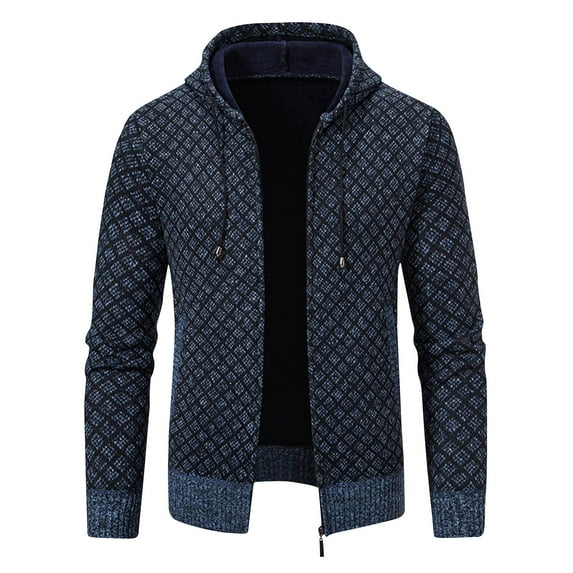 IYTR Men's Hooded Sweater Winter Warm Knitted Thicken Fleece Hooded Zipper Sweater Cardigan Coat with Pockets Blue XL