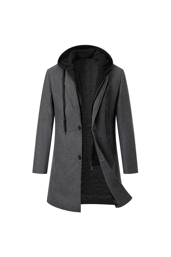 Men's Hooded Trench Coat Solid Color Hooded Drawstring Coat Winter Warm Long Sleeve Zipper Jacket Outerwear Gray S