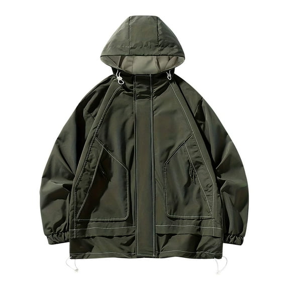 IYTR Men's Hoodies Contrast Color Stitching Hooded Jacket with Drawstring Hem Multi Pockets Army Green L