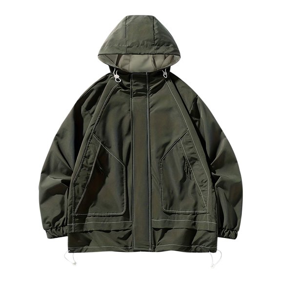 IYTR Men's Hoodies Contrast Color Stitching Hooded Jacket with Drawstring Hem Multi Pockets Army Green L