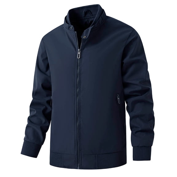 IYTR Men's Jacket Lightweight Zipper Stand Collar Windbreaker Outwear Solid Color Zipper Pockets Full Zip Up Baseball Jacket Spring Fall Dark Blue M