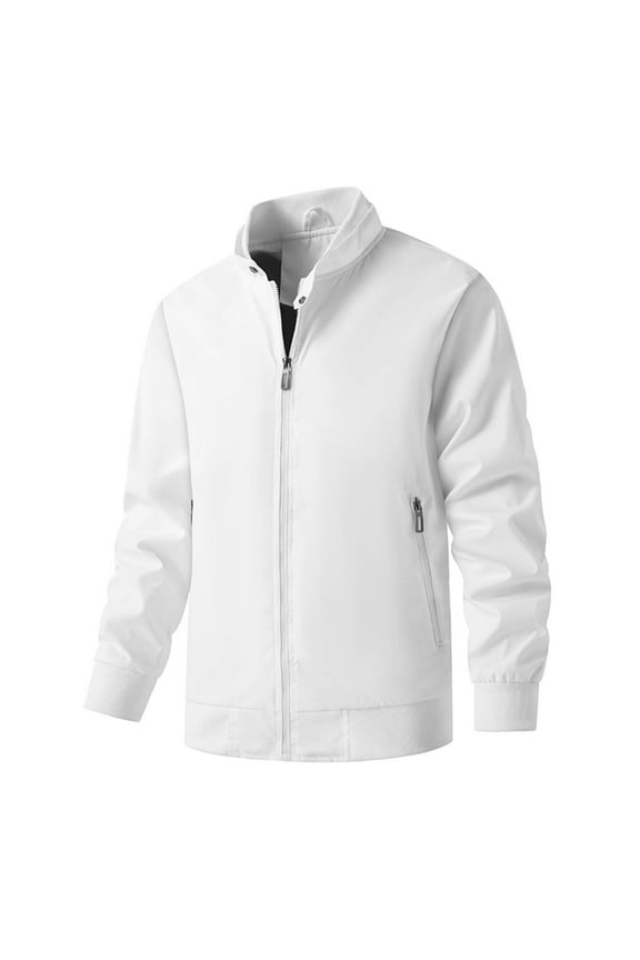 Men's Jacket Lightweight Zipper Stand Collar Windbreaker Outwear Solid Color Zipper Pockets Full Zip Up Baseball Jacket Spring Fall White M