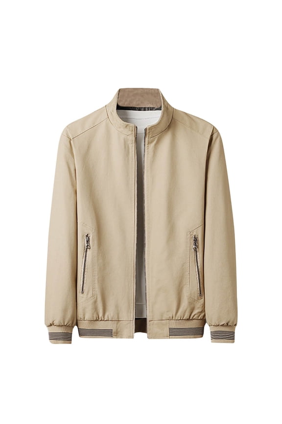 Men's Jacket Stand Collar Long Sleeve Solid Color Zipper Pockets Baseball Coats Beige L