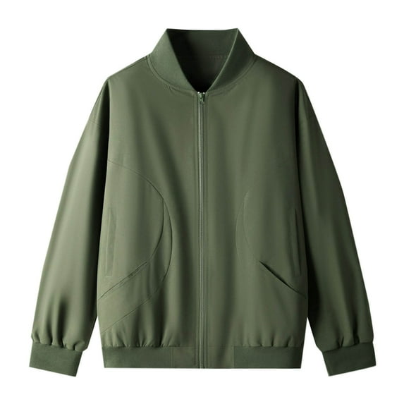 IYTR Men's Jacket Zip Up Baseball Jacket Lightweight Solid Color Outwear Fall Winter Coat Plus Size Long Sleeve Stand Collar Green M