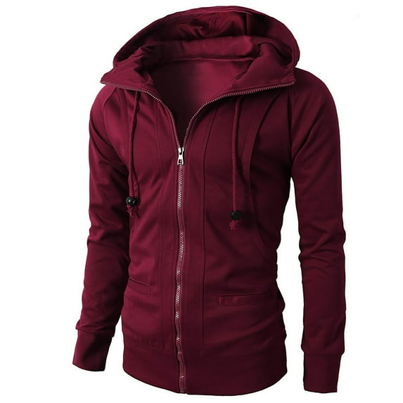 IYTR Men's Jackets Hooded Drawstring Zipper Long Sleeve Solid Slim Sweatshirt Jacket Coats Outwear with Pocket Wine XXXL