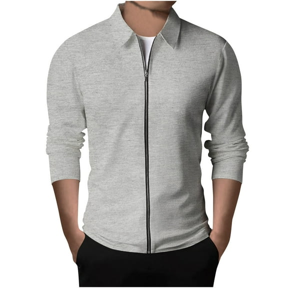IYTR Men's Jackets Slim Long Sleeve Zipper Cardigan Lapel Waffle Knitted Sweater Coats with Pockets Gray XXXL