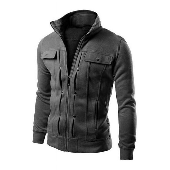 IYTR Men's Jackets Slim Solid Color Stand Collar Long Sleeve Buttons Coats Outwear with Pockets Dark Gray XXXL