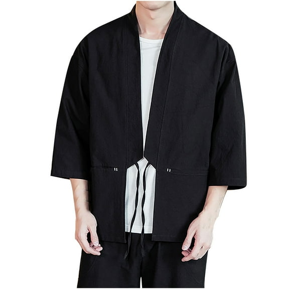IYTR Men's Kimono Cardigan Shirt 3/4 Sleeve Open Front Lightweight Linen Loose Fit Japanese Style Outwear Tops