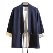 IYTR Men's Kimono Cardigan Shirt 3/4 Sleeve Thin Coat Tops Loose Fit Summer Beachwear Yukata Haori Navy L