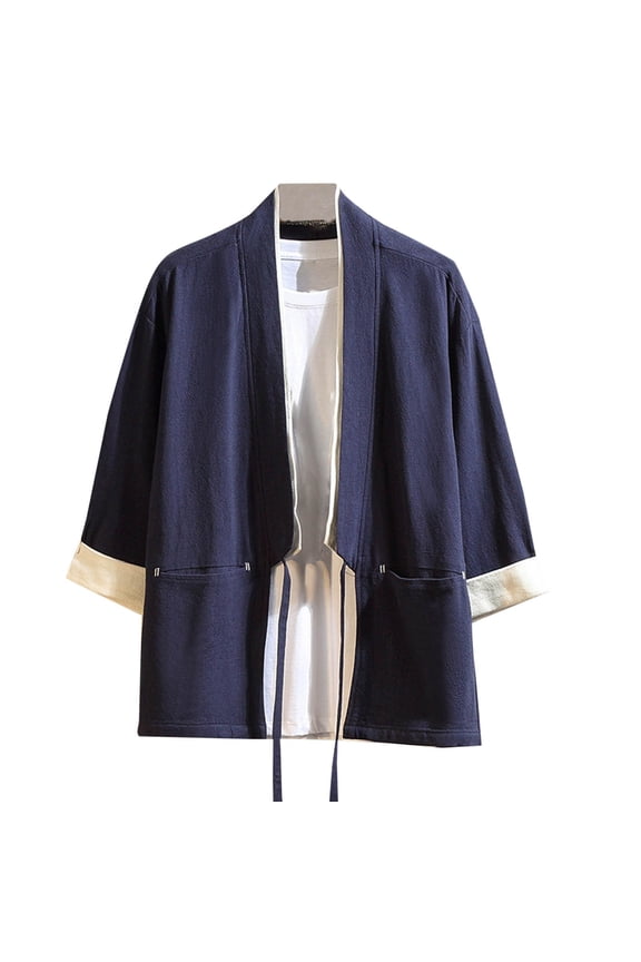 Men's Kimono Cardigan Shirt 3/4 Sleeve Thin Coat Tops Loose Fit Summer Beachwear Yukata Haori Navy M