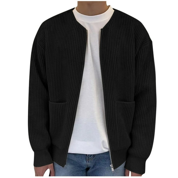 IYTR Men's Knit Cardigan Sweater Full Zip Long Sleeve Sweater Patch Pockets Loose Warm Winter Knitwear Outwear Cardigan Black XXXL