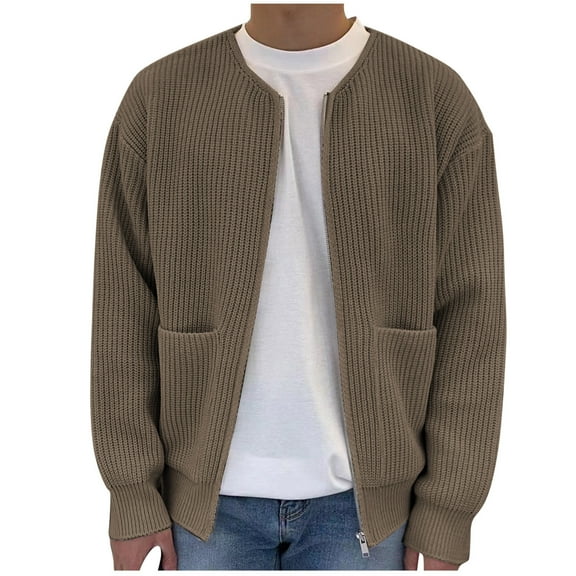 IYTR Men's Knit Cardigan Sweater Full Zip Long Sleeve Sweater Patch Pockets Loose Warm Winter Knitwear Outwear Cardigan Khaki L