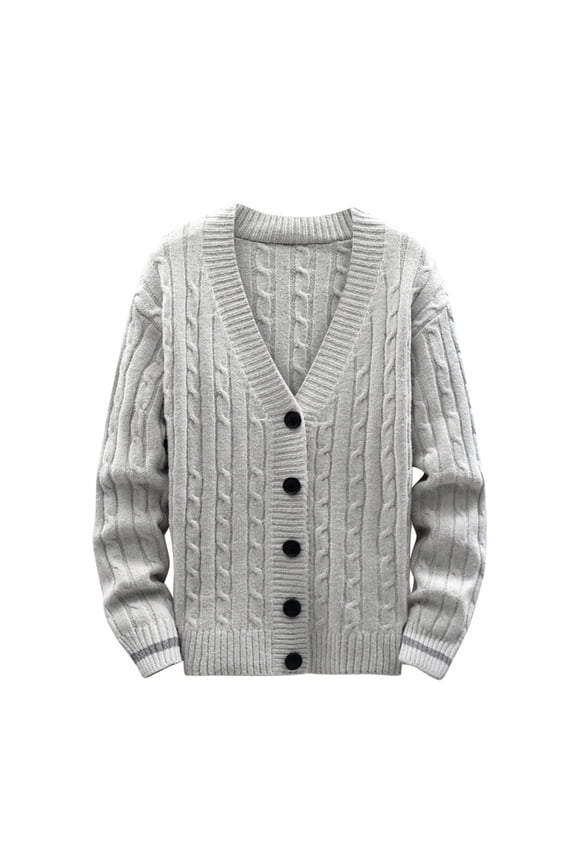Men's Knit Coat V-Neck Long Sleeve Striped Trim Basic Knitted Cardigan Sweater with Buttons Gray XXL