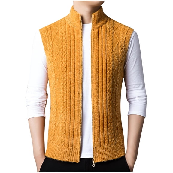 IYTR Men's Knitted Waistcoat Zipper Sleeveless Sweater Warm Winter Fleece Waistcoat Tops Outerwear Wear Yellow M