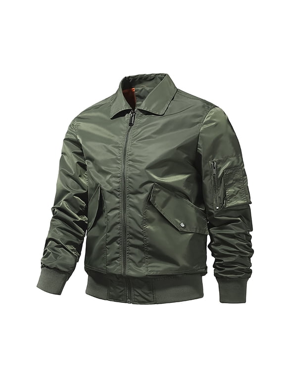 Men's Lapel Jacket Solid Color Full Zip Up Long Sleeve Coat Lightweight Baseball Jacket Windbreaker Outerwear with Pockets Army Green XXXL