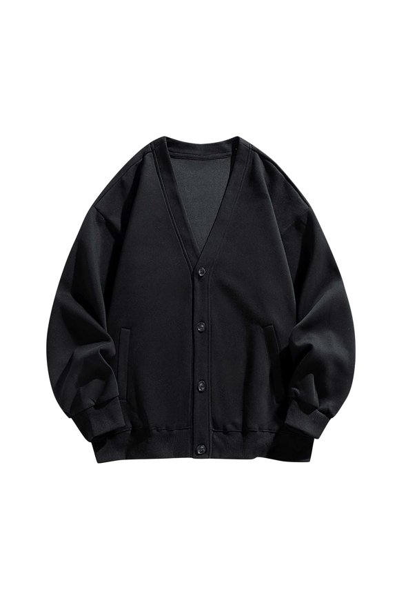 Men's Lapel Neck Long Sleeve Button Down Solid Loose Fit Knitted Cardigan Sweater with Pockets Black XL