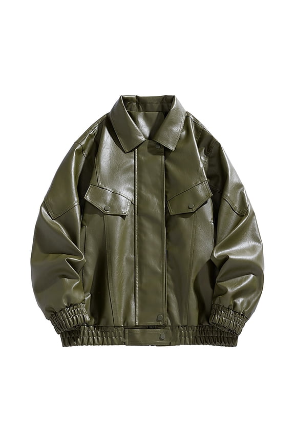 Men's Leather Jacket Button Up Long Sleeve Jacket Turndown Collar Solid Color Leather Jackets with Pockets Army Green M