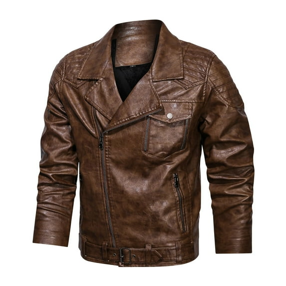 IYTR Men's Leather Jackets Solid Color Zipper Stand-up Collar Long Sleeve Jacket Casual Baseball Uniform Leather Jacket with Pocket Coffee L