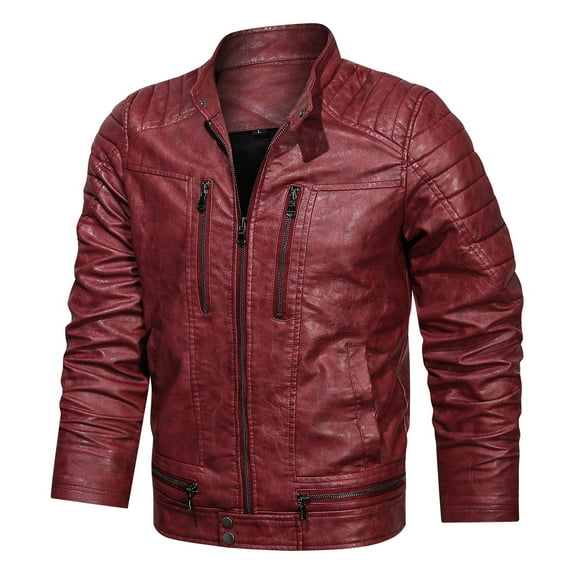 IYTR Men's Leather Jackets Solid Color Zipper Stand-up Collar Long Sleeve Jacket Casual Baseball Uniform Leather Jacket with Pocket Wine L