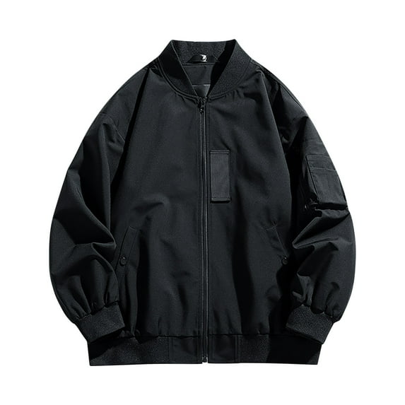 IYTR Men's Lightweight Bomber Jacket Solid Stand Collar Full Zip Long Sleeve Utility Flight Blouson Coat with Pockets Black XXXL