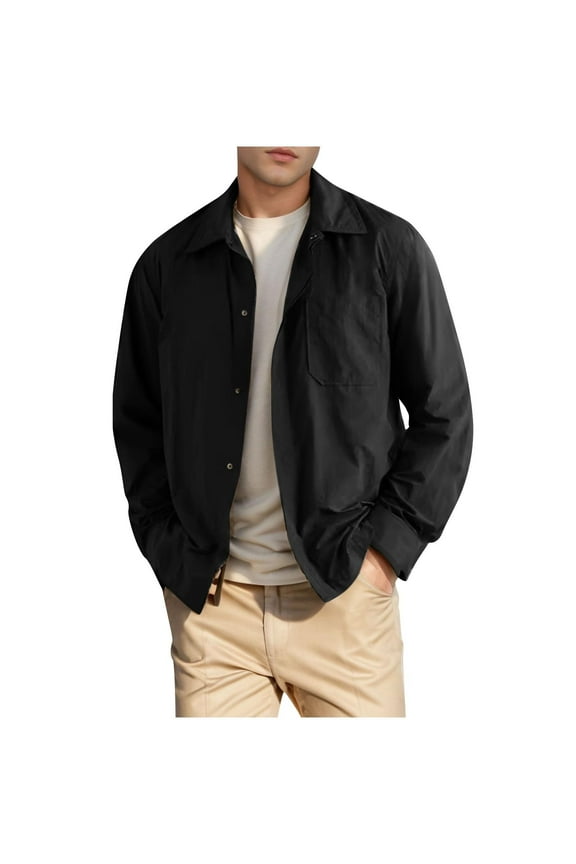 Men's Lightweight Jacket Long Sleeve Button Up Shirt Outdoor Windbreaker Black Cotton Solid Loose Oversized out Black S