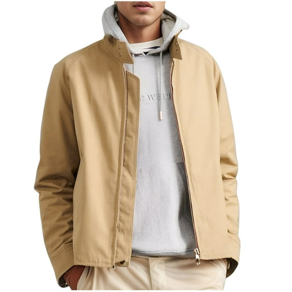 IYTR Men's Lightweight Jacket Zipper Stand Collar Solid Color Outdoor Windbreaker Full Zip Jacket Lightweight Water Polyester Khaki L