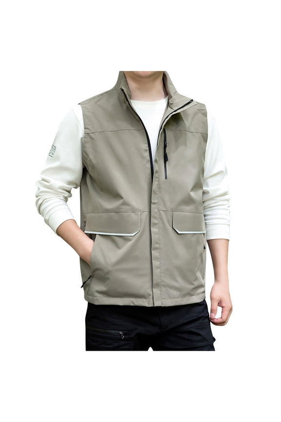 Men's Lightweight Outdoor Travel Vest Quick Dry Stand Collar Multi Pockets Breathable Mesh Summer Sleeveless Jackets Sports Waistcoat Khaki XXL