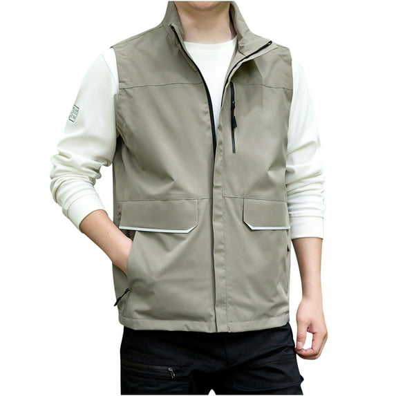IYTR Men's Lightweight Outdoor Travel Vest Quick Dry Stand Collar Multi Pockets Breathable Mesh Summer Sleeveless Jackets Sports Waistcoat Khaki XXXXXL