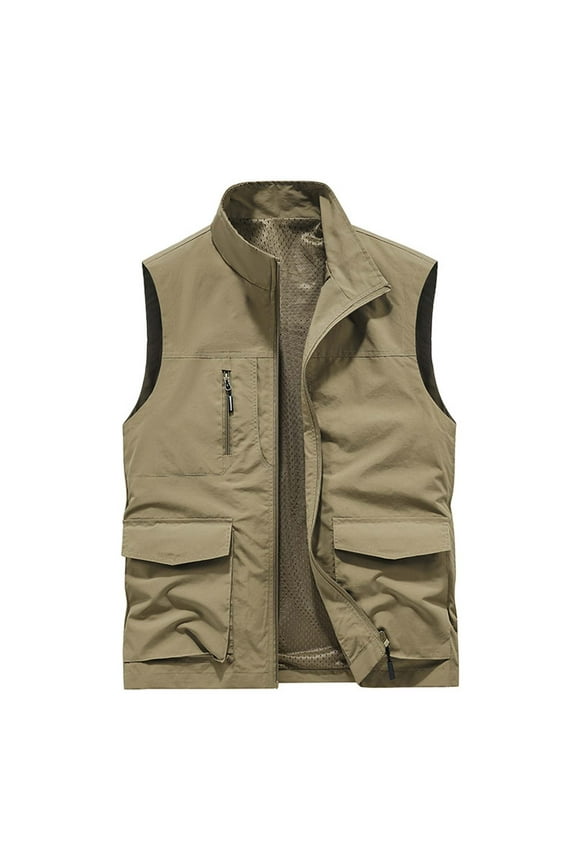 Men's Lightweight Outdoor Travel Vest Warm Waistcoat Fleece Gilet Stand Collar Sleeveless Multi-Pockets Fishing Photography Hiking Vest with Detachable Hood Khaki L