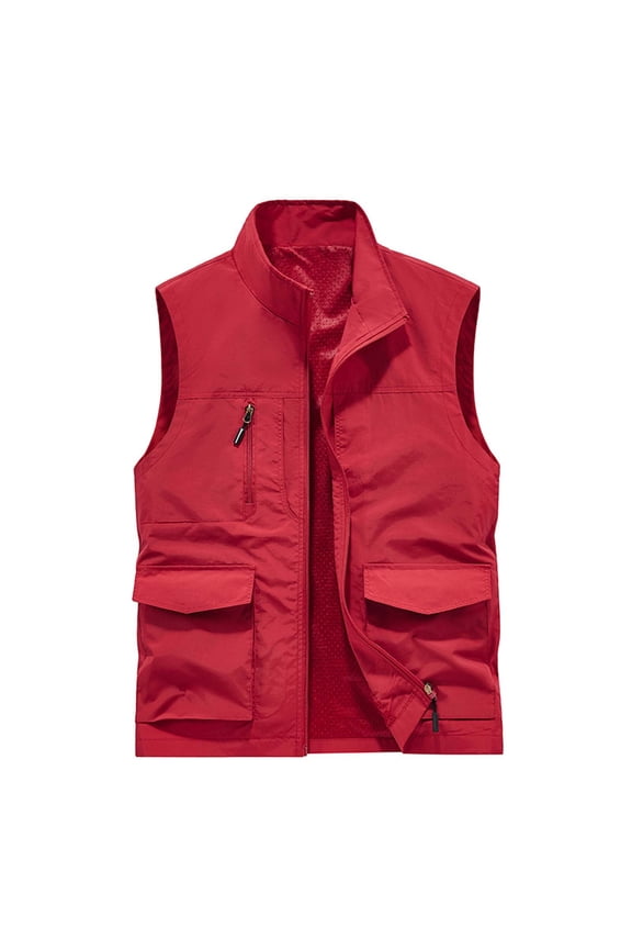 Men's Lightweight Outdoor Travel Vest Warm Waistcoat Fleece Gilet Stand Collar Sleeveless Multi-Pockets Fishing Photography Hiking Vest with Detachable Hood Red XXL