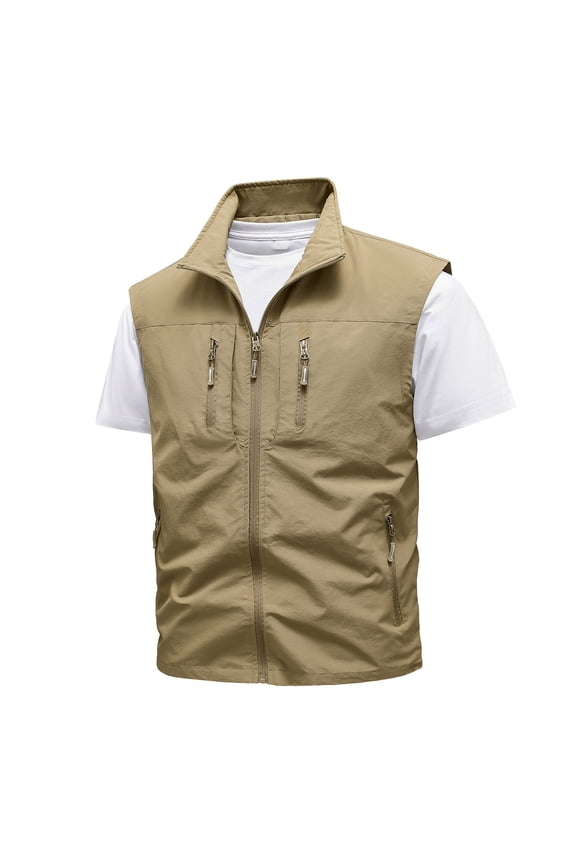 Men's Lightweight Outdoor Travel Vest Windproof Multi-Pocket Quick Dry Breathable Mesh Sports Fishing Photography Waistcoat Khaki XL