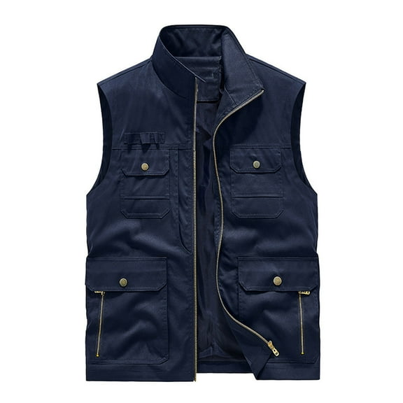 IYTR Men's Lightweight Stand Collar Multi-Pocket Zip-Up Utility Vest Photographer Fishing Travel Waistcoat Dark Blue XXXXL