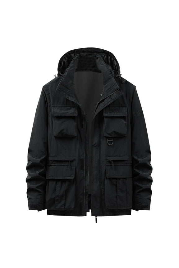 Men's Lightweight Windbreaker Jacket Outdoor Hiking Camping Travel Coat with Multiple Pockets Hood Black XXL
