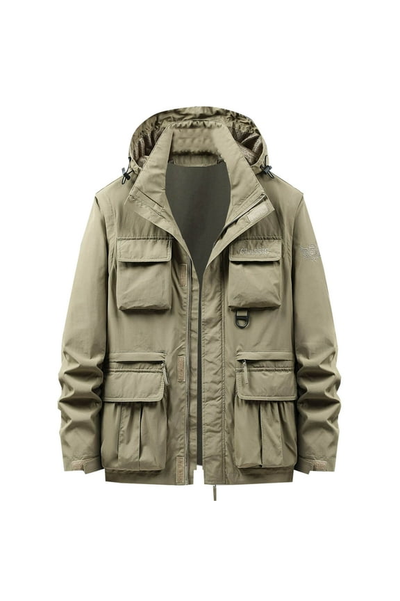 Men's Lightweight Windbreaker Jacket Outdoor Hiking Camping Travel Coat with Multiple Pockets Hood Khaki L