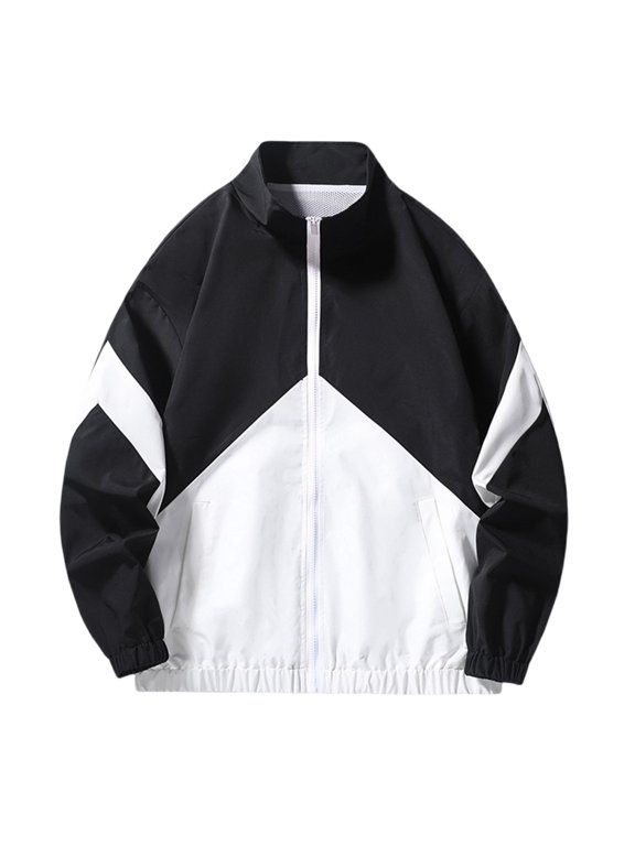 Men's Lightweight Windbreaker Jacket Zipper Up Baseball Jacket Color Block Long Sleeve Outwear Sport Running Outdoor Windproof Jacket Black M