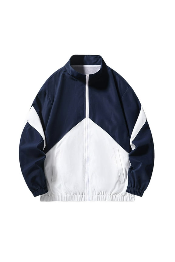 Men's Lightweight Windbreaker Jacket Zipper Up Baseball Jacket Color Block Long Sleeve Outwear Sport Running Outdoor Windproof Jacket Navy M