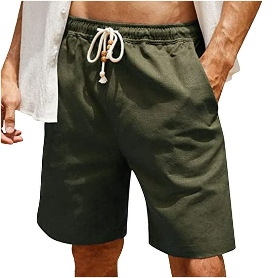 IYTR Men's Linen Shorts Casual Elastic Waist Drawstring Shorts with Pockets Solid Color Workout Shorts (Army Green XL)