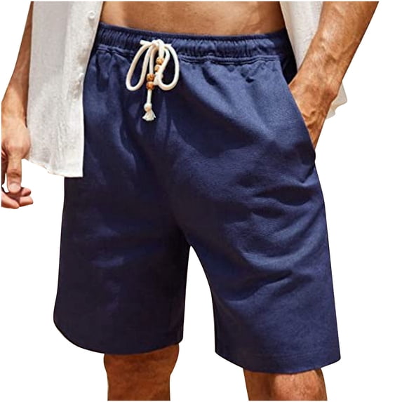 IYTR Men's Linen Shorts Casual Elastic Waist Drawstring Shorts with Pockets Solid Color Workout Shorts (Navy XXXL)