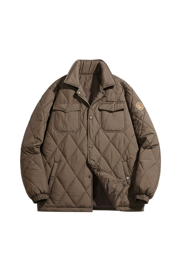 Men's Liner Jacket Winter Quilted Warm Padded Outwear Stand Collar Long Sleeve Pockets Coat Coffee L
