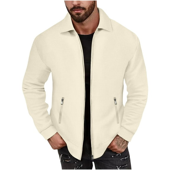IYTR Men's Long Sleeve Color Block Knitted Sweater Jacket Coats with Zipper Pockets Stand Collar Outwear Beige M