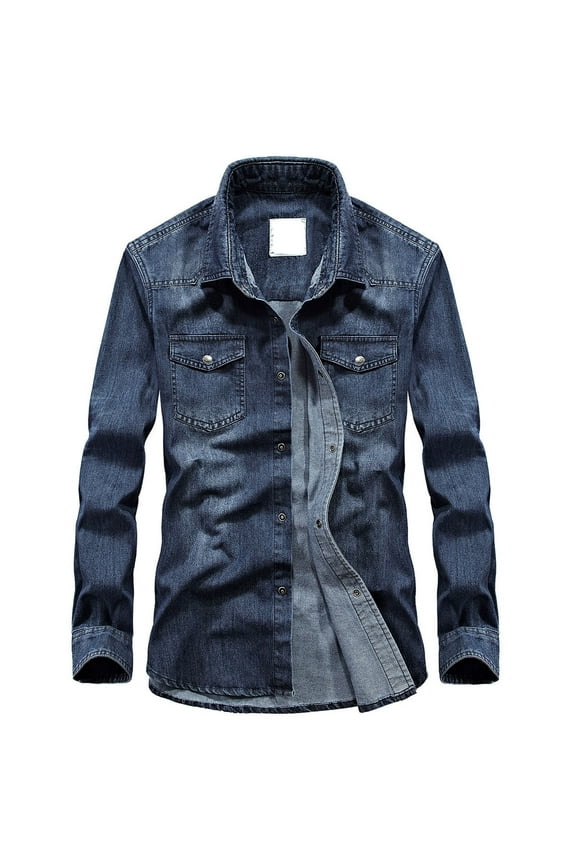 Men's Long Sleeve Denim Shirt Slim Fit Jean Trucker Western Cowboy Work Shirt with Pockets Light Blue M