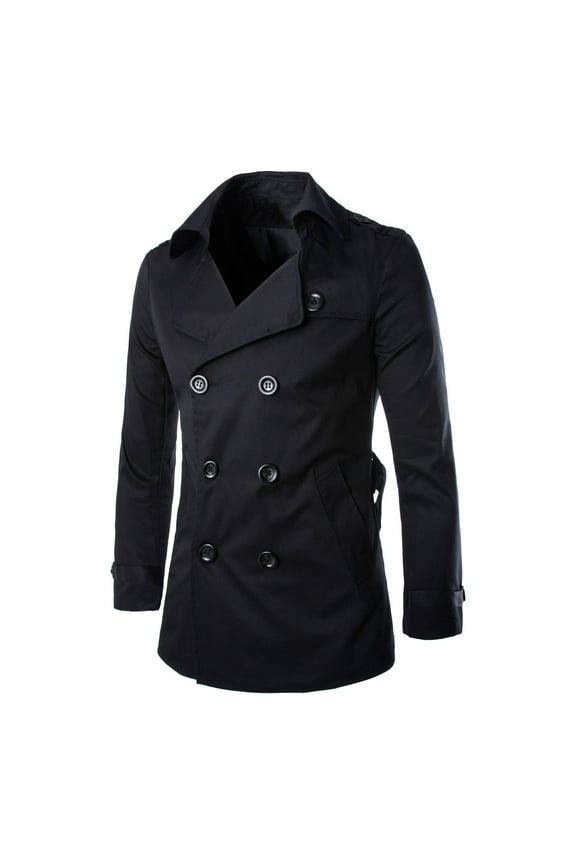 Men's Long Sleeve Double Breasted Slim Trench Coat with Pocket Turn-Down Collar Windbreaker Overcoat Black M