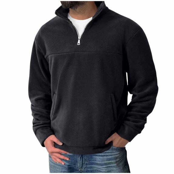 IYTR Men's Long Sleeve Shirt Zipper Standing Collar Pullover with Pocket Solid Color Leisure Loose Fit Spring Clothes Lightweight Shirt (Black,XXL)