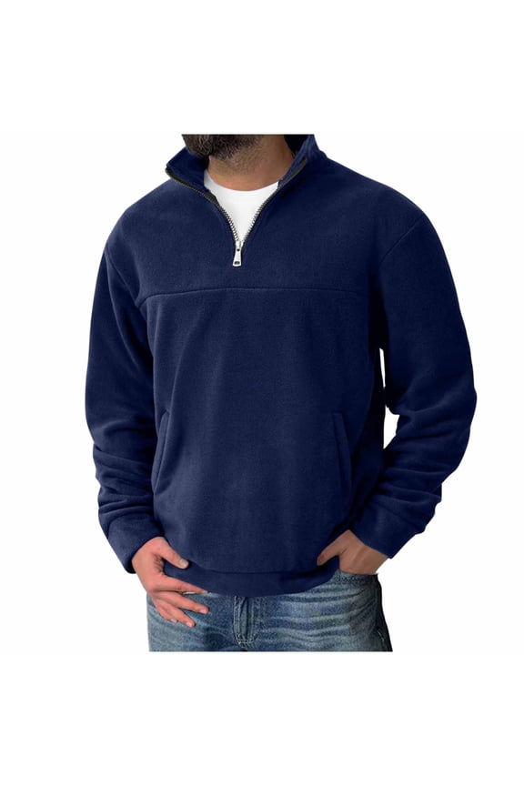 Men's Long Sleeve Shirt Zipper Standing Collar Pullover with Pocket Solid Color Leisure Loose Fit Spring Clothes Lightweight Shirt (Navy,L)