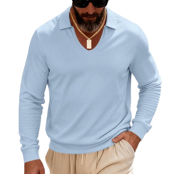IYTR Men's Long Sleeve Shirts Solid Color Comfy Pullover Lapel Collar Casual Loose Fit V-Neck Shirts Basic Tops (Light Blue,L)