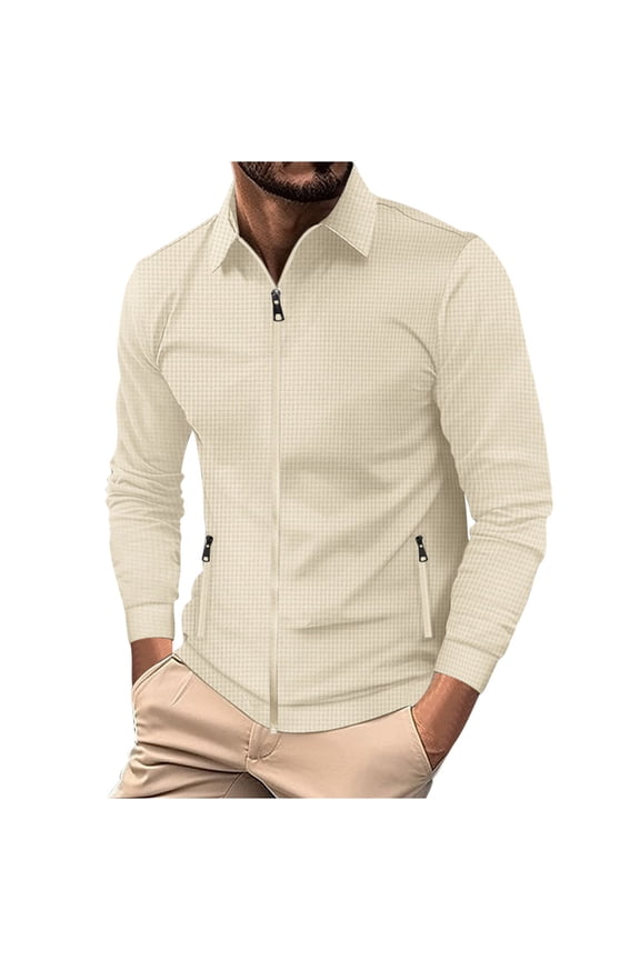 Men's Long Sleeve Slim Fit Zip Up Stand Collar Solid Business Office Workwear Shirts Jacket with Zipper Pockets Khaki XL