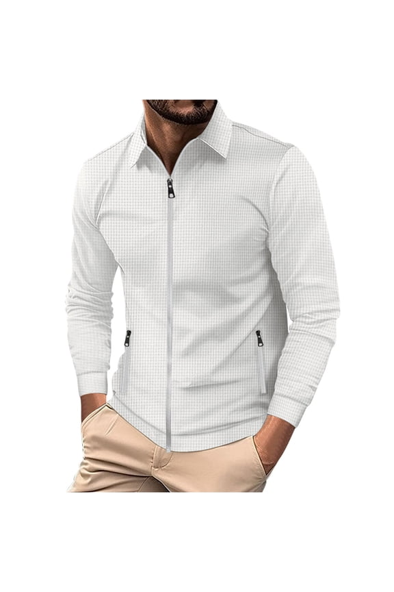 Men's Long Sleeve Slim Fit Zip Up Stand Collar Solid Business Office Workwear Shirts Jacket with Zipper Pockets White M