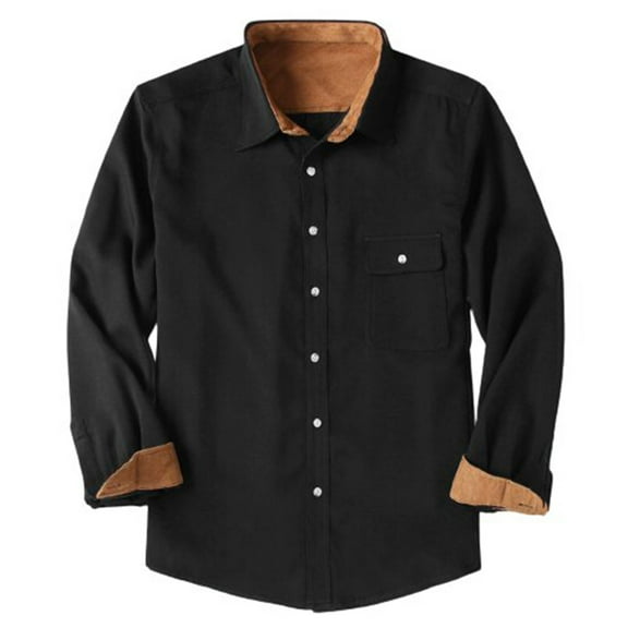 IYTR Men's Long Sleeve Solid Color Corduroy Cuff Buttons Dress Shirts Turtleneck Regular Flannel Warm Shirts Tops with Pocket Black XL