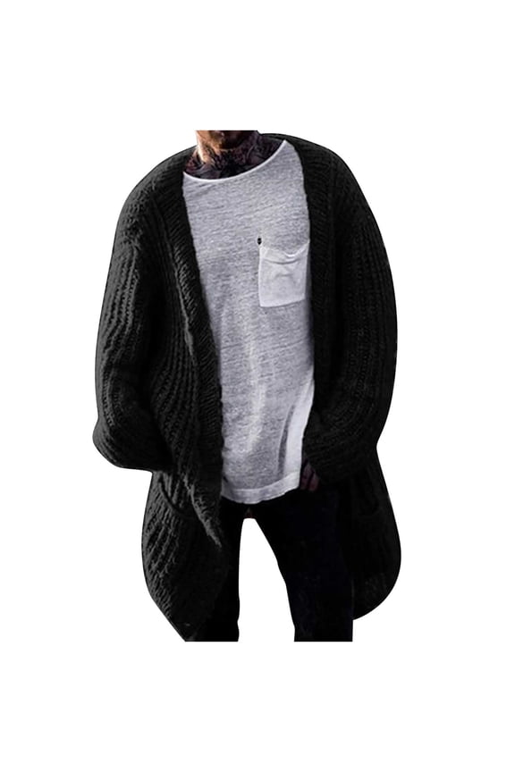 Men's Long Sleeve Solid Color Shawl Collar Open Front Chunky Knitted Long Cardigan Sweaters with Pockets Outwear Black XL