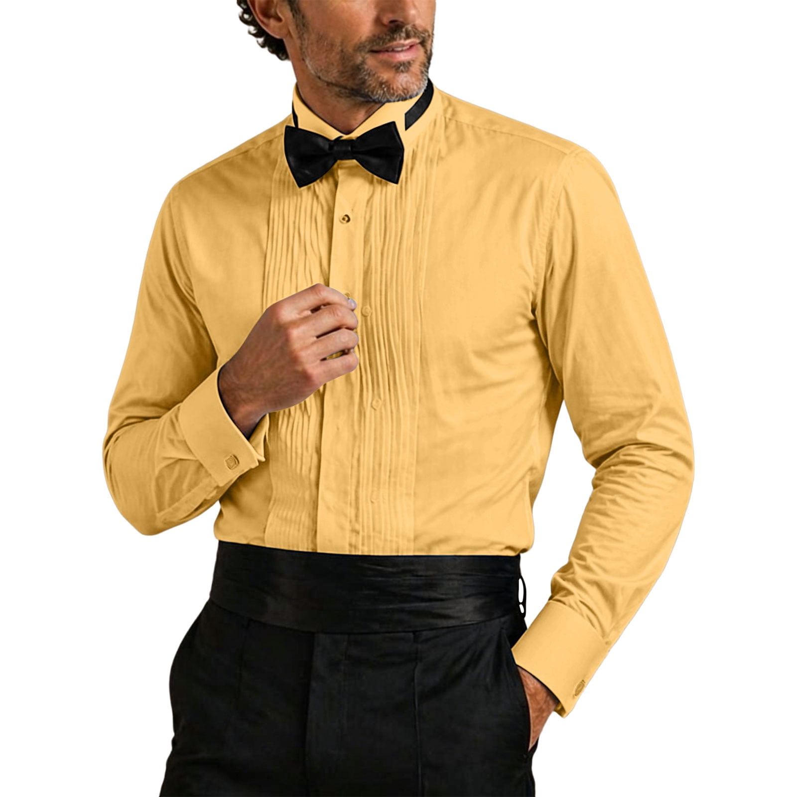 pleated men dress shirt with collar Made-in-Canada Front Straight Formal 17 x 33 and concealed placket to hide your buttons Classic Mens White Cotton Stand